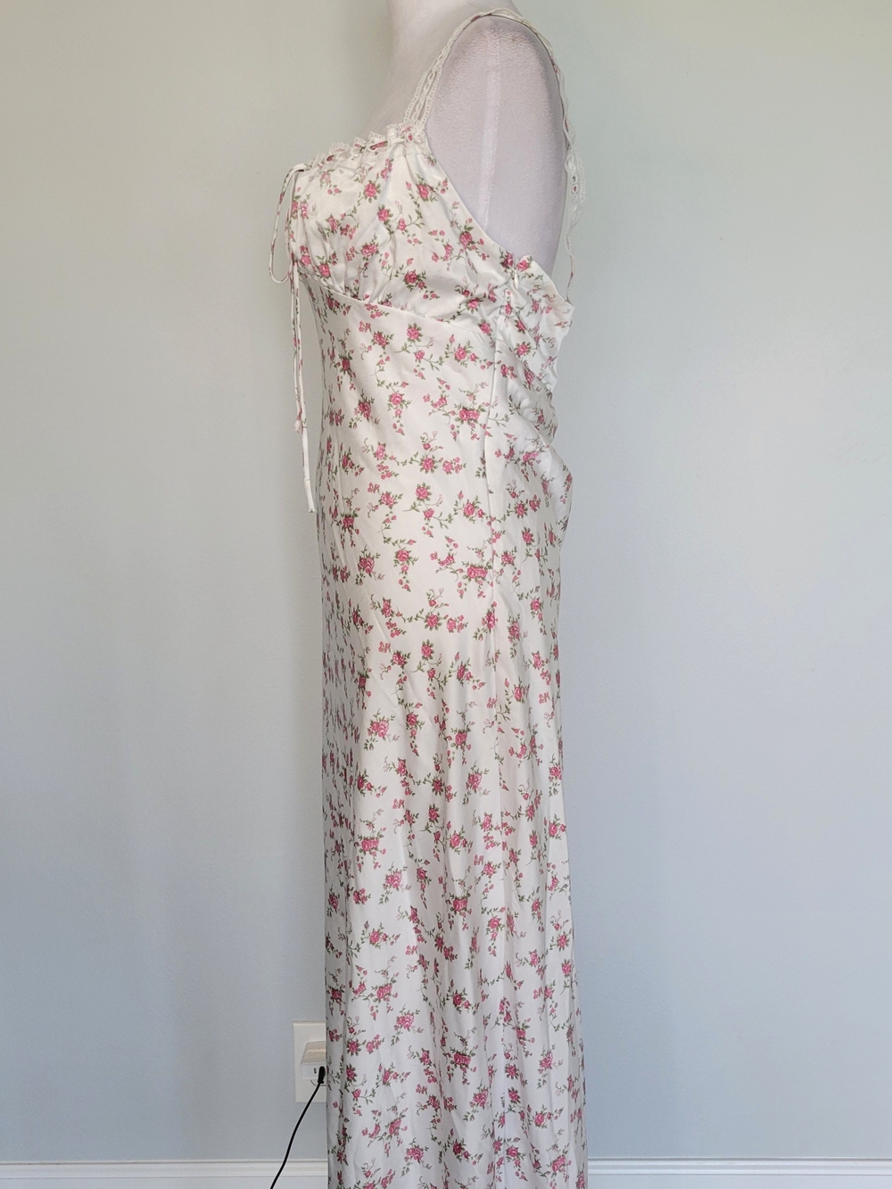 ALTAR'D STATE Kya Floral Lace-Trim Milkmaid Slip Maxi Dress Ivory Rose Sz Large - Picture 8 of 16